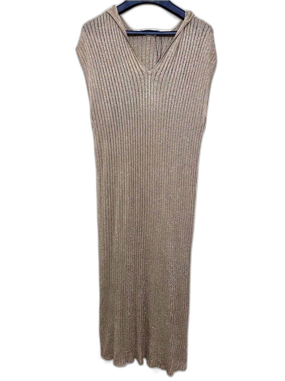 Zara Women's Sleeveless Rib-Knit Hooded Maxi Dress Taupe Metallic size M Vacay